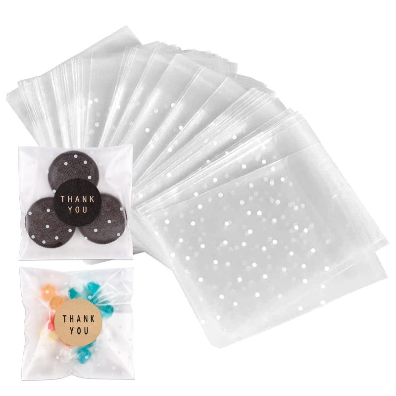 YunKo 200 Pack Self Sealing Clear Cookie Bags with Polka Dots & Thank You Stickers â€“ 4x4 Inch Resealable Treat Bags for Cookies, Candy, Chocolate, Bakery Goods, Party Favors - Image 1